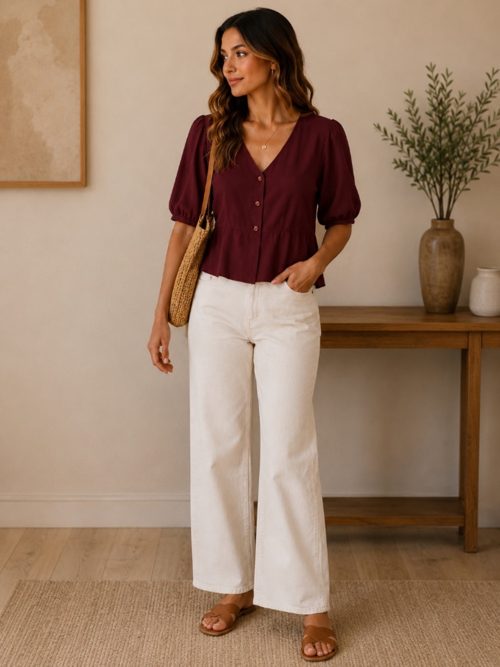 Kismet Burgundy Puff Sleeve V-Neck Button-Front Blouse